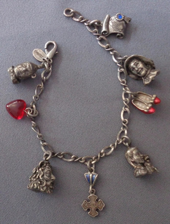 Vintage Wizard of Oz Charm Bracelet Pewter TM TEC 7.5" 8 3-D Charms Charms