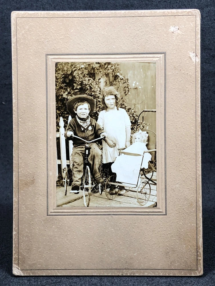 Antique Albumen Mounted Photo Bicycle Western Boy Girl Doll Baby Toy Carriage Model