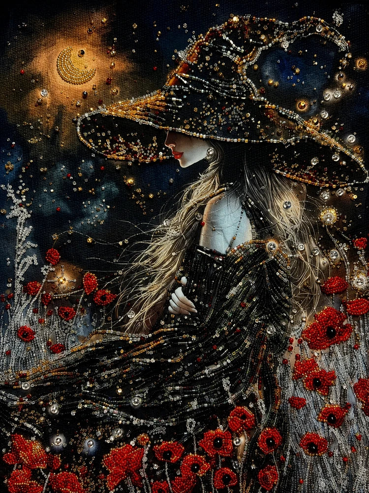 Guided by the Moon Bead Embroidery Kit Witch Poppies Fantasy Beading Art DIY Model