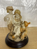 Vintage Children Figurine Reading Scene Resin Statue Wood Base Model