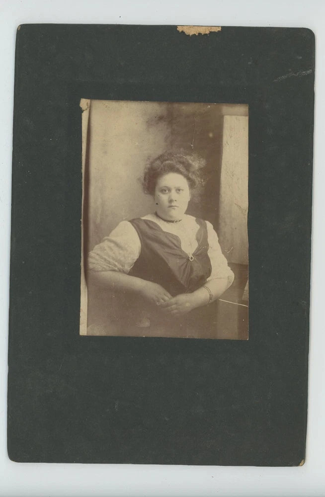 Vintage Antique Photo On Board Pretty Plus Sized Woman Frizzy Hair Choker 1890s Model