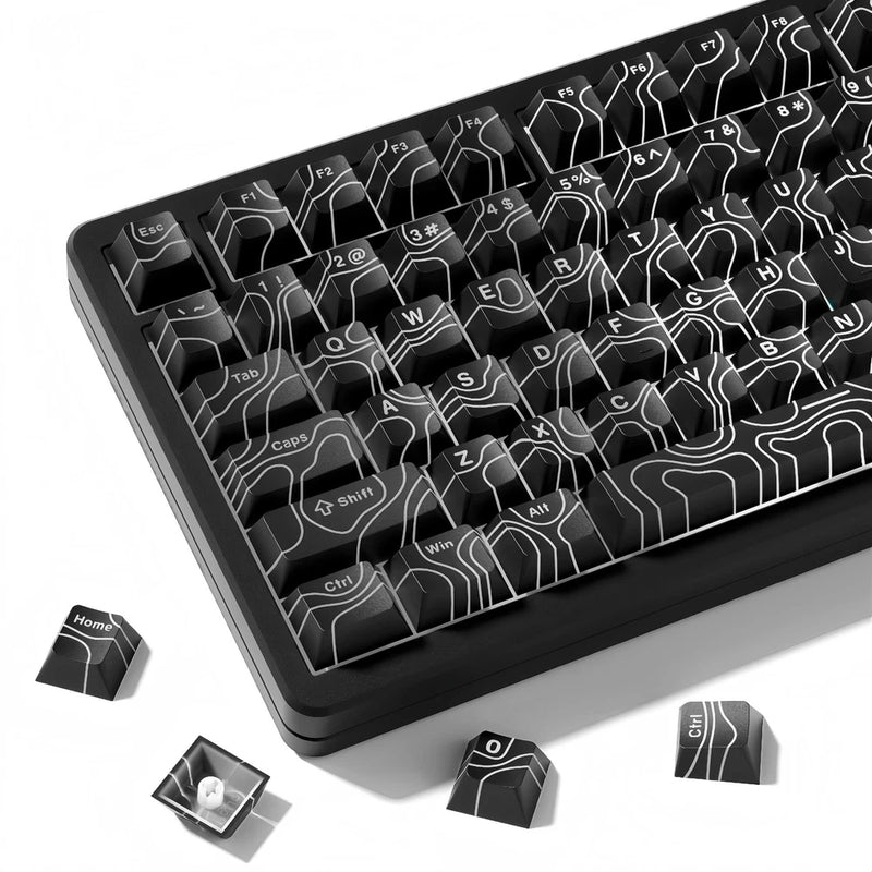 118 Keys Black Topographic PBT Keycaps Double Shot Shine Through Cherry Model