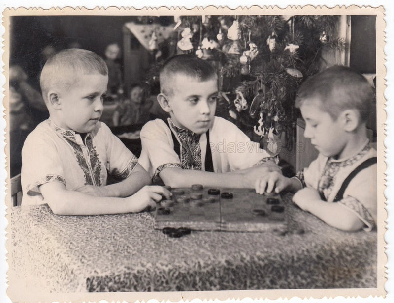1956 Checkers Board game Kids Toys Cute young boys Gaze Russian vintage photo Model