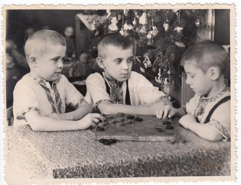 1956 Checkers Board game Kids Toys Cute young boys Gaze Russian vintage photo Model