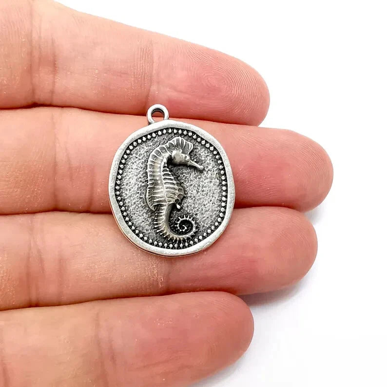 Sea Horse Charms, Silver Disc Charms, Boho Charms, Earring Charms Antique Silver Charms