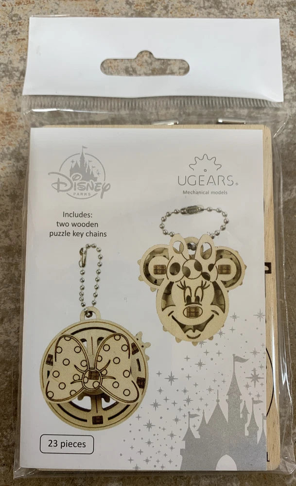 Disney Park UGears Mechanical Models Minnie Mouse 2 Wooden Puzzle Keychains New Model
