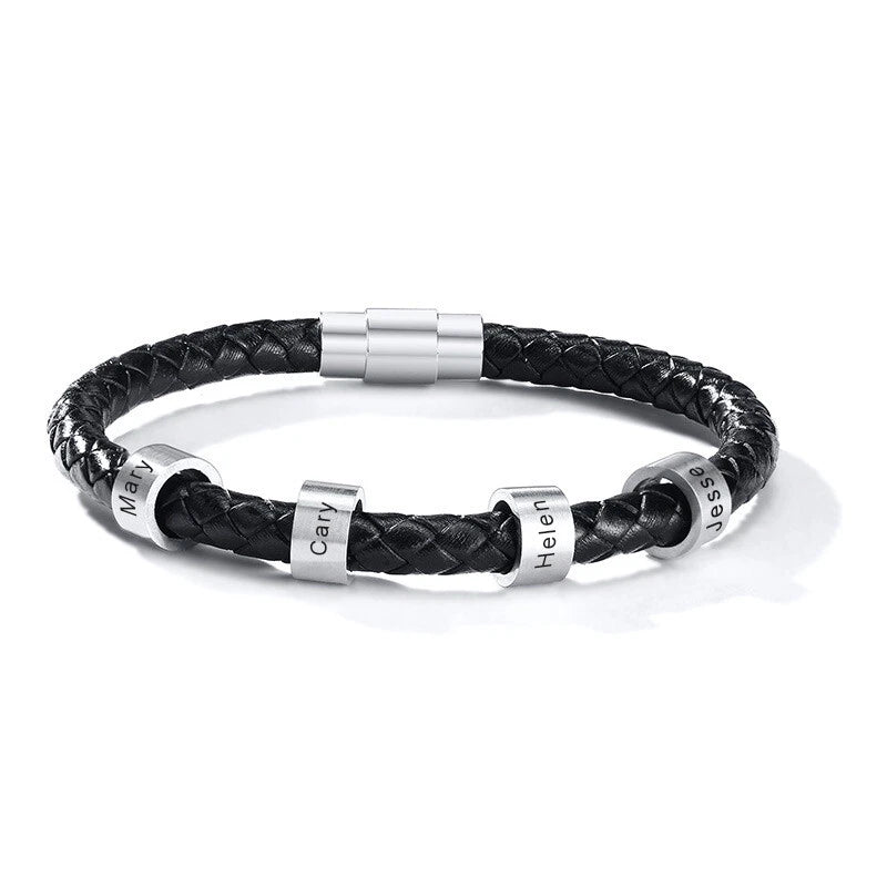 Personalized Black Braided Rope Mens Leather Bracelet Custom Beads Engraved Name Charms