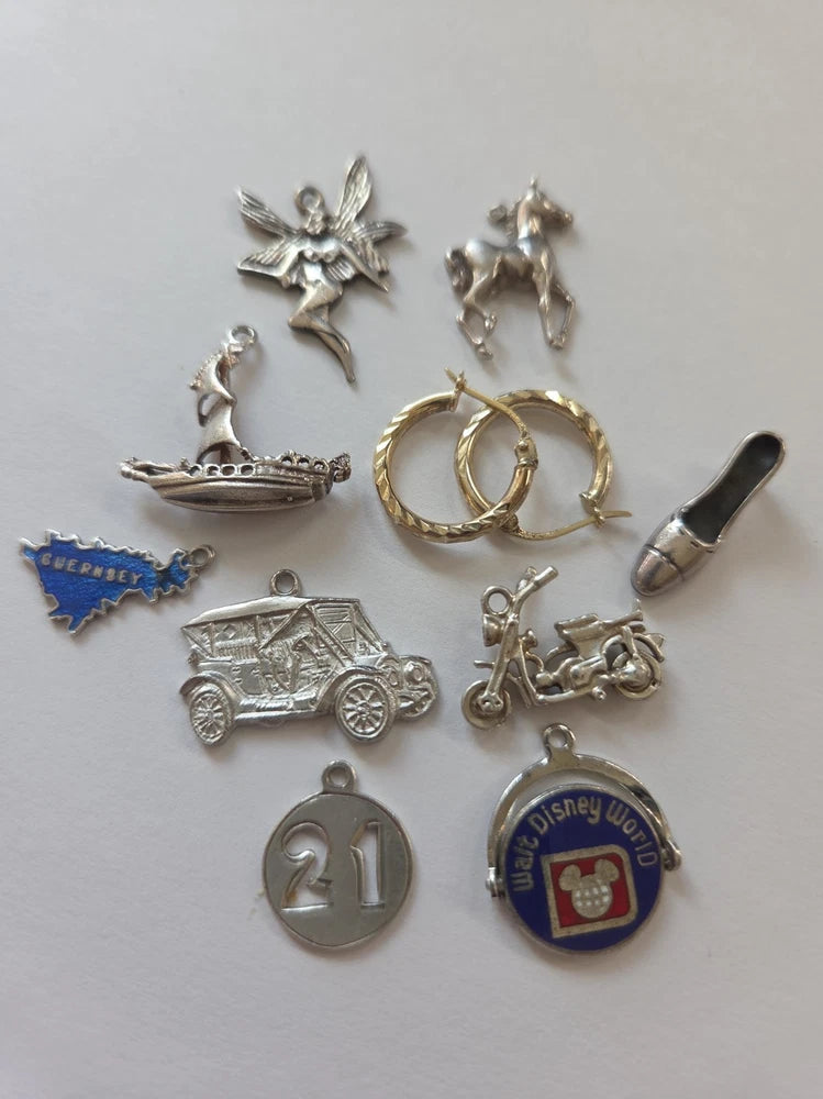 Sterling Silver ~ Lot Of 10 Vintage Charms ~ Shoe, Ship, Horse, DISNEY, Car, 21 Charms