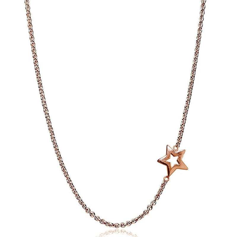 Yellow Gold Flashed Sterling Silver Polished Open Star Sideways Chain Necklace, Charms