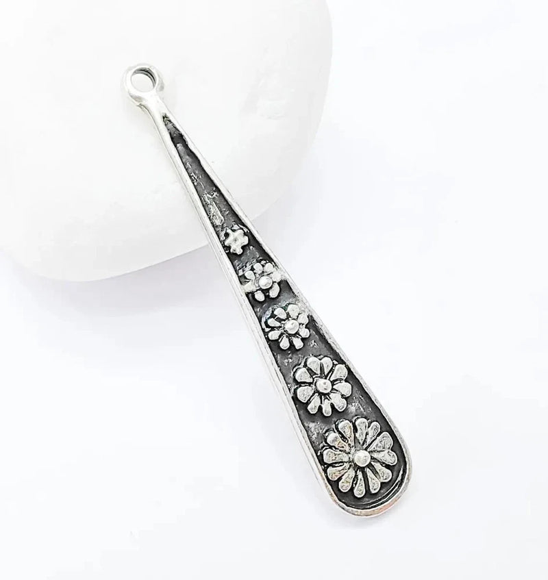 2 Pcs Silver Flower Charms, Boho Charms, Earring Charms, Silver Dangle Pendant Charms