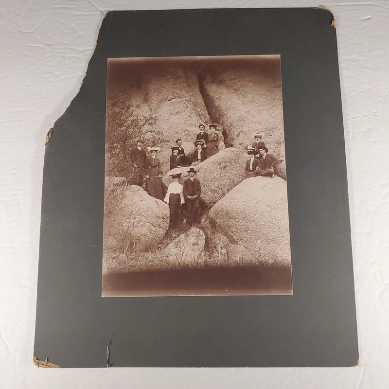 Early 1900s B&W Family Photo of Multiple Couples on a Rock on Board 12" x 10" Model