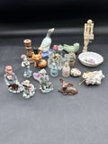 21 Vintage Trinket Shelf Miniatures Figurines Ceramic Wood Plastic Glass bottles Model