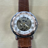 MG.Orkina KC023 Men??s Skeleton Mechanical Hand Wind Watch Leather Band Runs Model