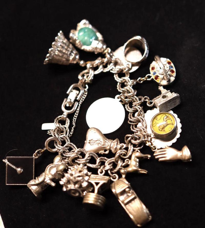 Vintage Monet Charm Bracelet Silver Tone 17 Charms A Few Silver 80.5 Grams Charms