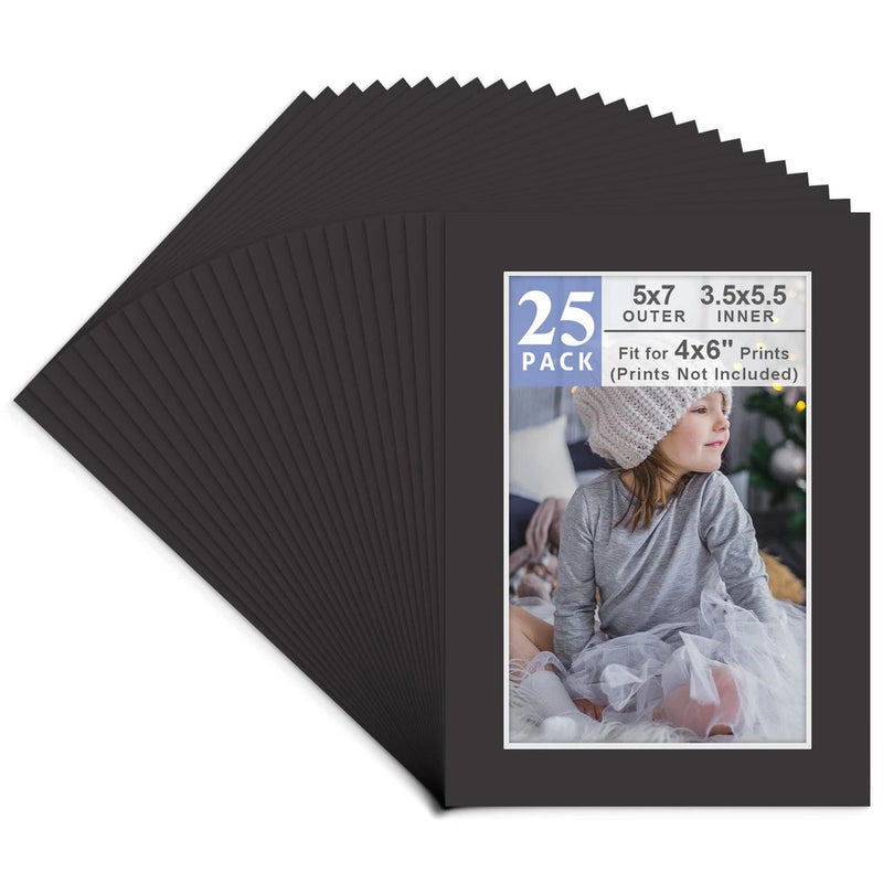 25 Pack 5x7 Black Picture Mat Boards Fits 4x6 White Core Acid-Free Pre-Cut Photo Model