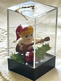 Vintage Plastic Elf Musician Figurine in Clear Acrylic Display Case w/Holly Model