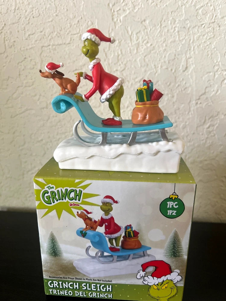 2026 Dr. Seuss GRINCH Santa Sleigh Tabletop Village Christmas Figurine w/Max NEW Model
