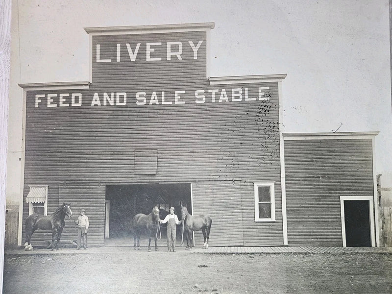 Antique Livery Feed & Sale Stable Photograph Mounted Board Horses Western 2 Men Model