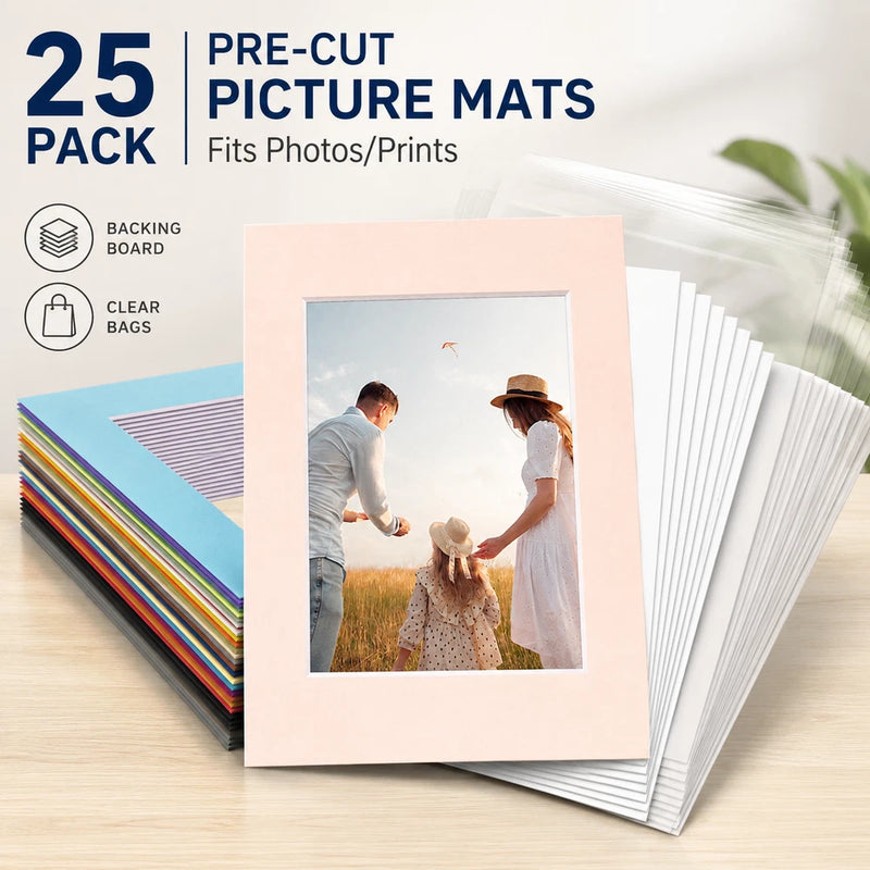 25 Pack Clear Photo Mat Set Pre-Cut Backing + Clear Bags DIY Picture Framing Model