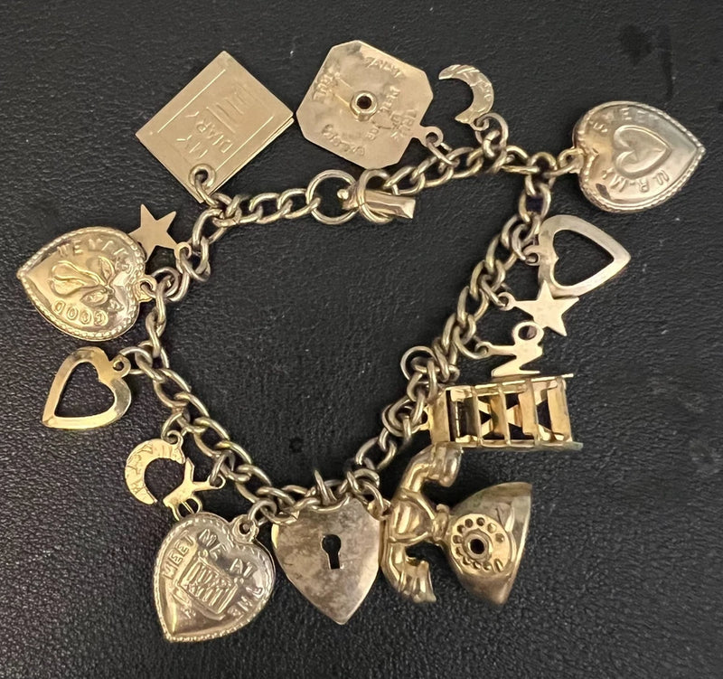 Vintage CORO Charm Bracelet 7¡± Gold Tone Lie Detector Diary Phone Hearts 1950s Charms
