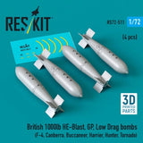 Reskit RS72-0511 1:72 British 1000lb HE-Blast, GP, Low Drag bombs (4 pcs) Model