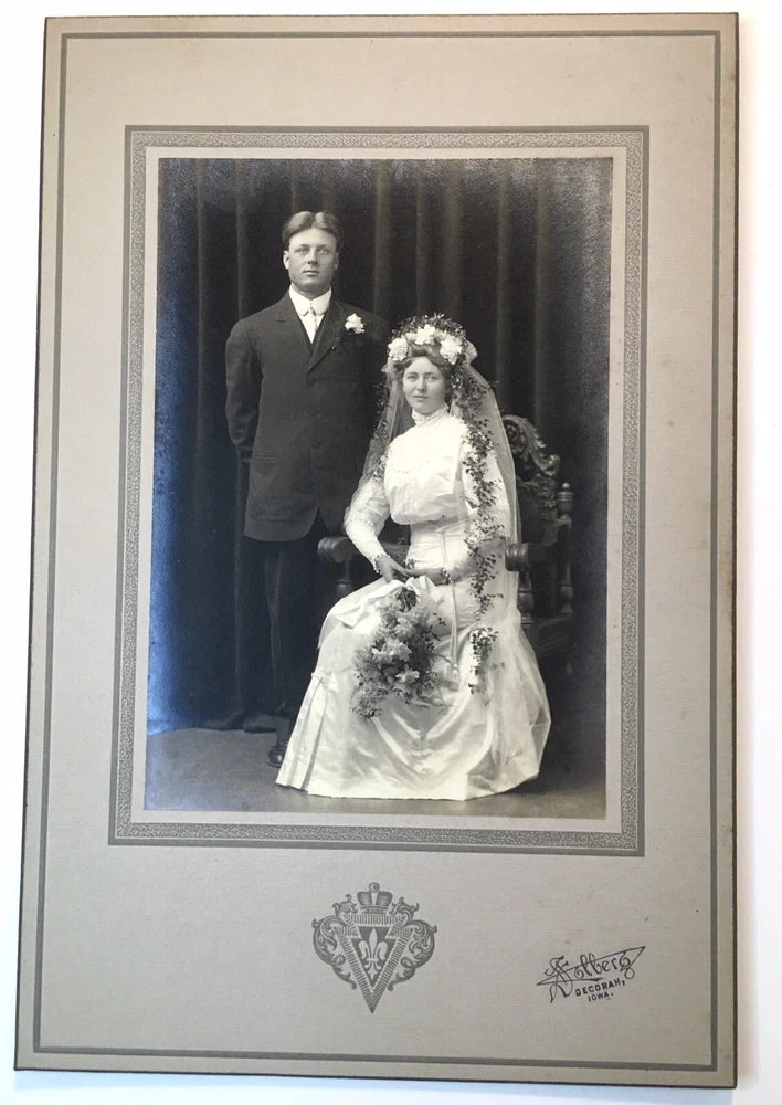 Antique Photo on Board Wedding Portrait Mr. & Mrs. Serious Solberg Decorah Iowa Model