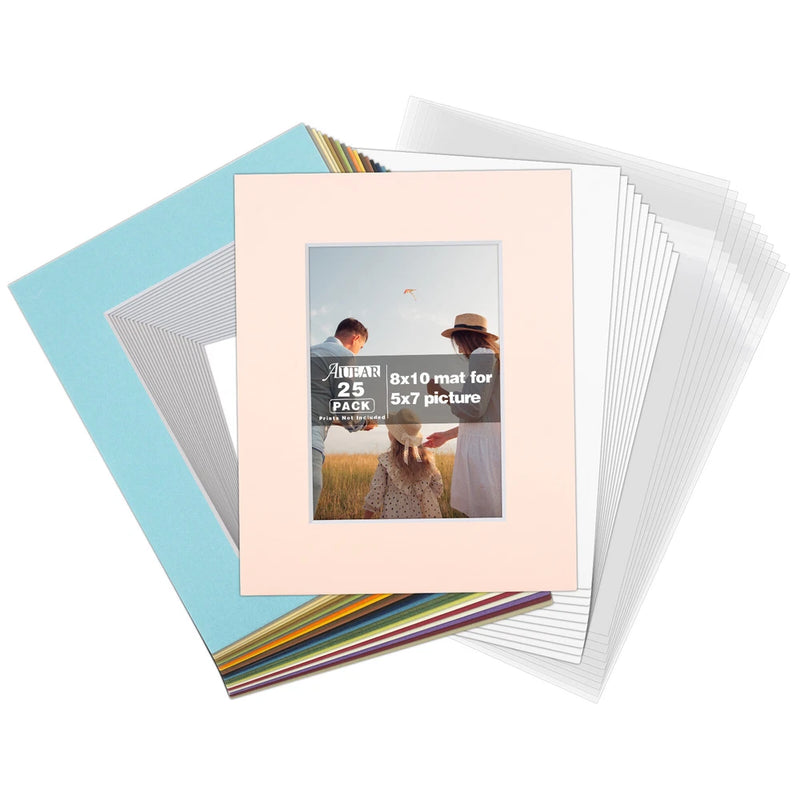 20 Pack 8x10 Mixed Colors Picture Mat Boards Fits 5x7 White Core Picture Framing Model