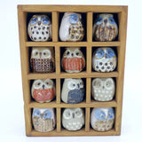 Vintage Emson 12 Miniature Ceramic Owls Set Complete in Wood Display Box Model