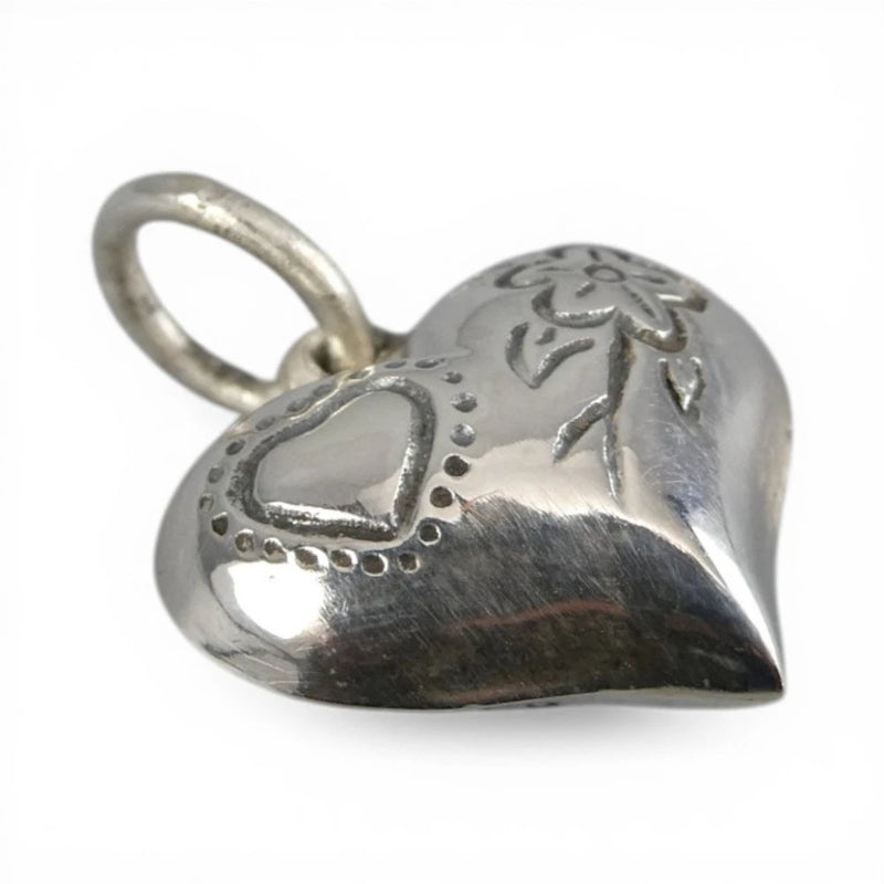 Sterling Silver Extra Puffy Heart Charm for Bracelet Etched Flower Vintage 36 Charms