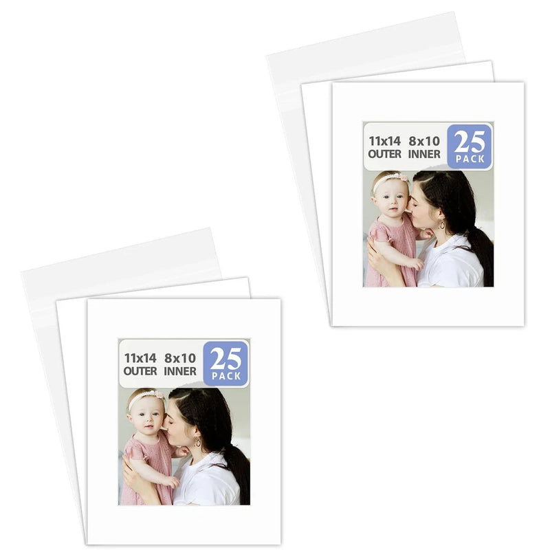 25 Pack 11x14 White Picture Mat Boards Fits 8x10 Acid-Free Backing + Clear Bags Model
