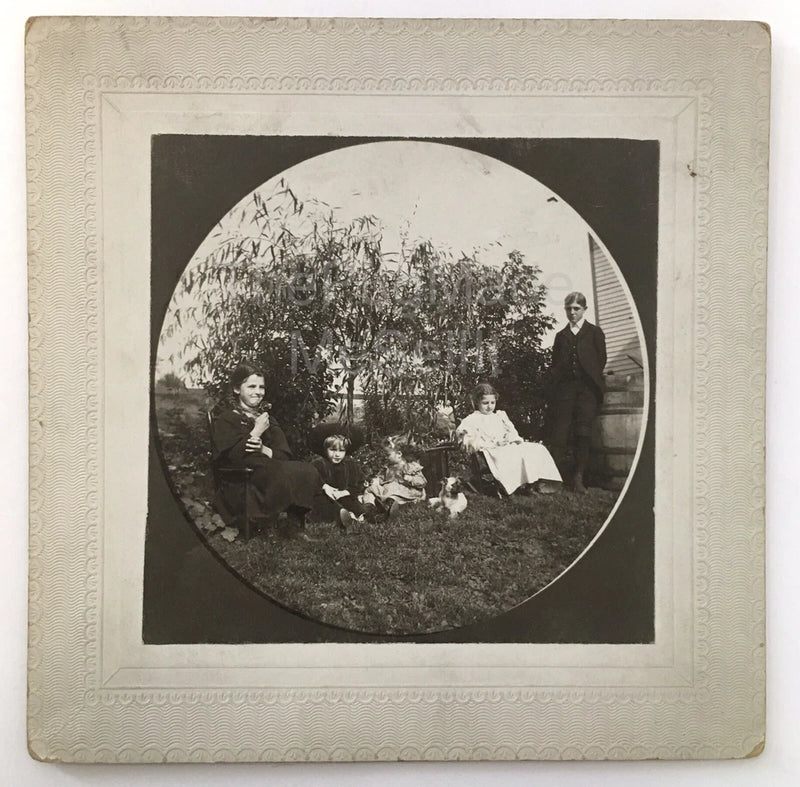 Victorian Era 5 Children and a Puppy Dog in Backyard Photo on Board 5.5"x5.5" Model