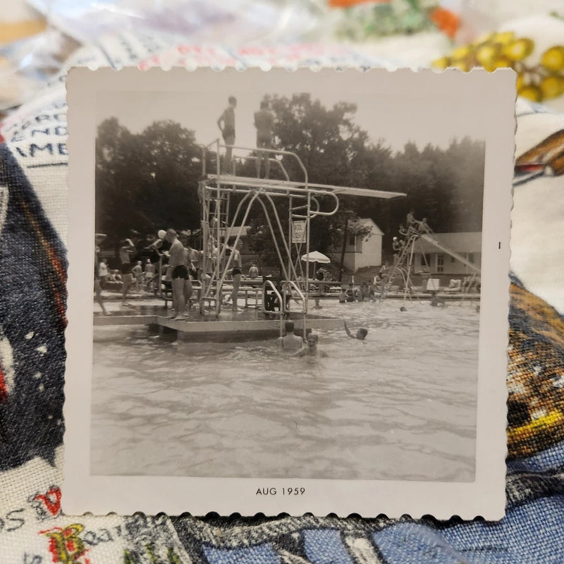 VTG Black & White Snapshot Photo Community Swimming Pool Diving Board 1959 Model