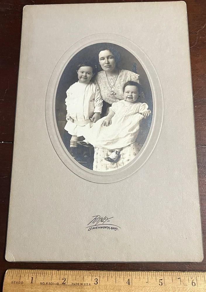 Photo on Board, Woman, 2 Children,  by Putney, Leavenworth, Kansas Model
