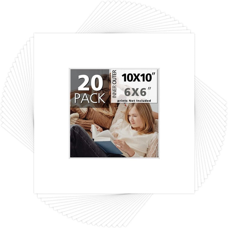 Mat Board Center, 20 Pack 10X10 Picture Mat for 6X6 Photos, White Model