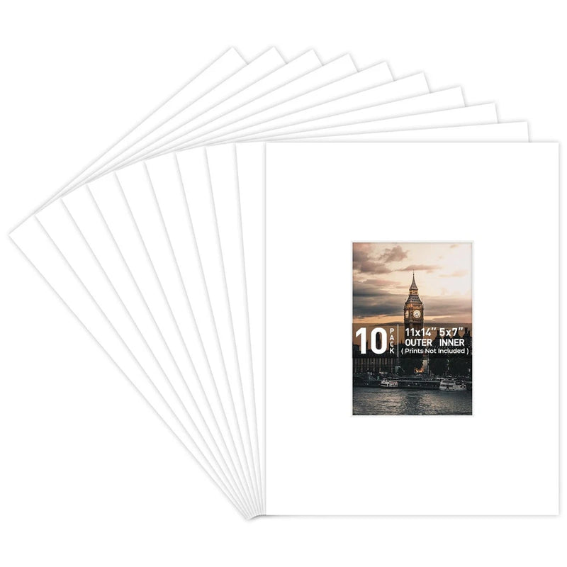 10 Pack 11x14 White Picture Mat Boards Fits 5x7 White Core Acid-Free Bevel Cut Model