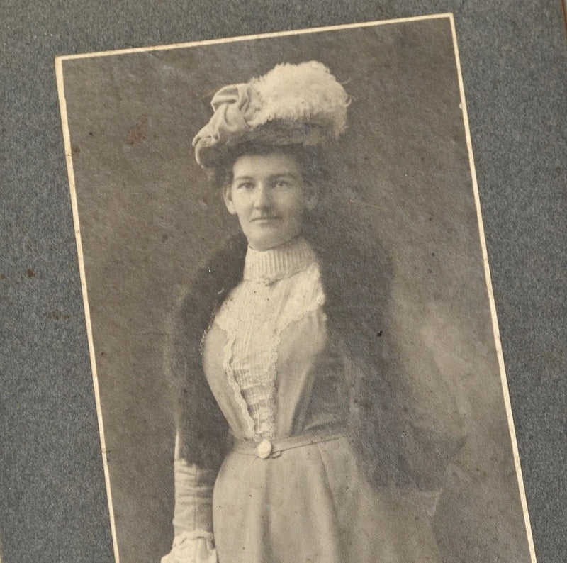 Antique Photo on Board Woman in Fancy Dress with Fur Stole & Feathered Hat Model