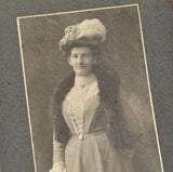 Antique Photo on Board Woman in Fancy Dress with Fur Stole & Feathered Hat Model