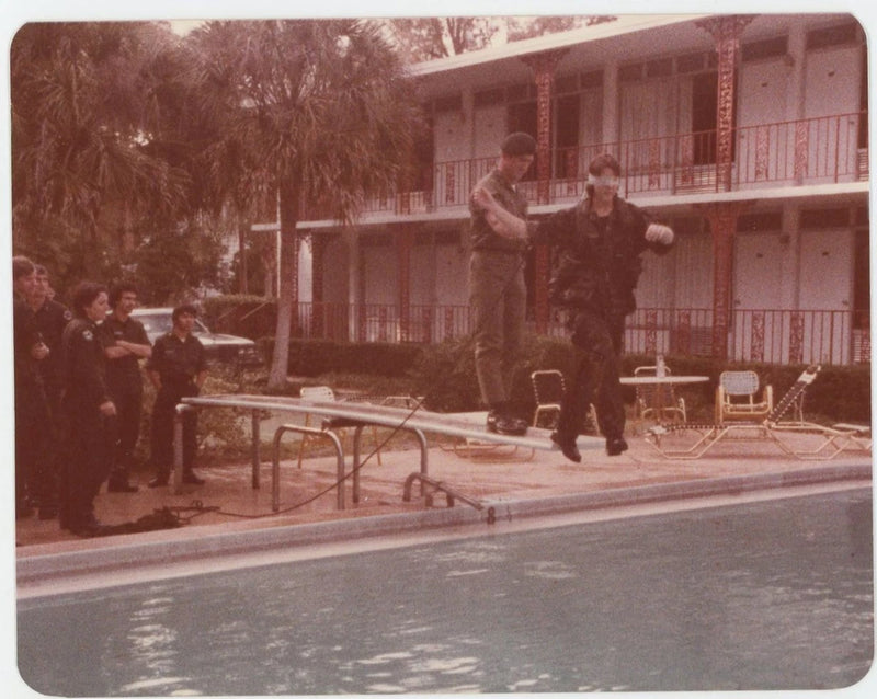 ROTC Pool Drill Blindfolded Cadet Man Diving Board Strange 1970s VTG Photo Model