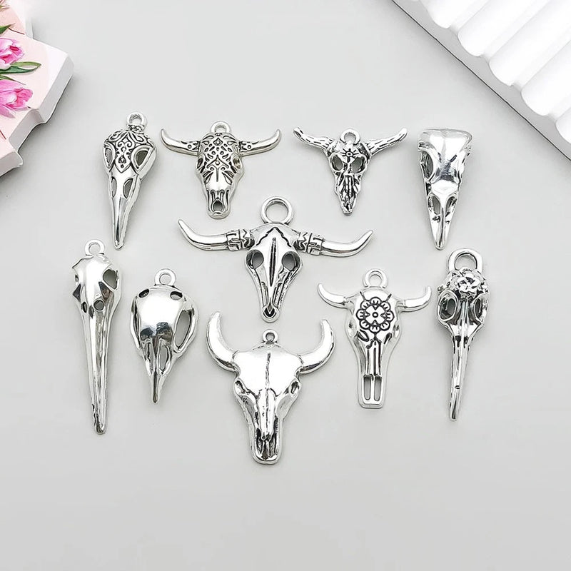 BULK 20Pcs Cow Raven Skull Charms DIY Jewelry Making Pendants Antique Silver Charms