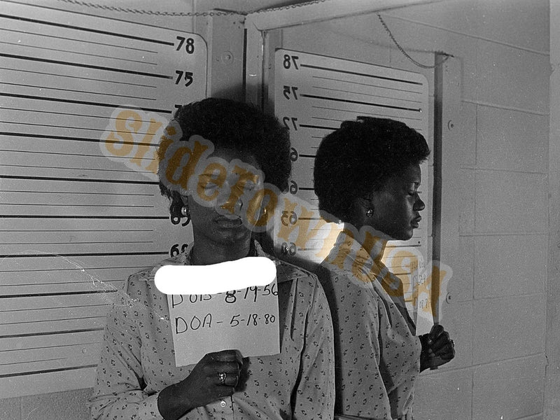 Vtg 35mm Negative Mugshot Woman Holding ID Board Height Chart Mirror 1980 M-1584 Model
