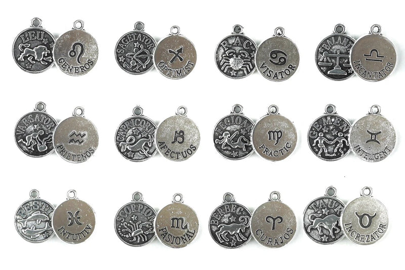 24 pack Silver Zodiac Horoscope Charms for Making Jewelry Bracelets & Necklaces Charms