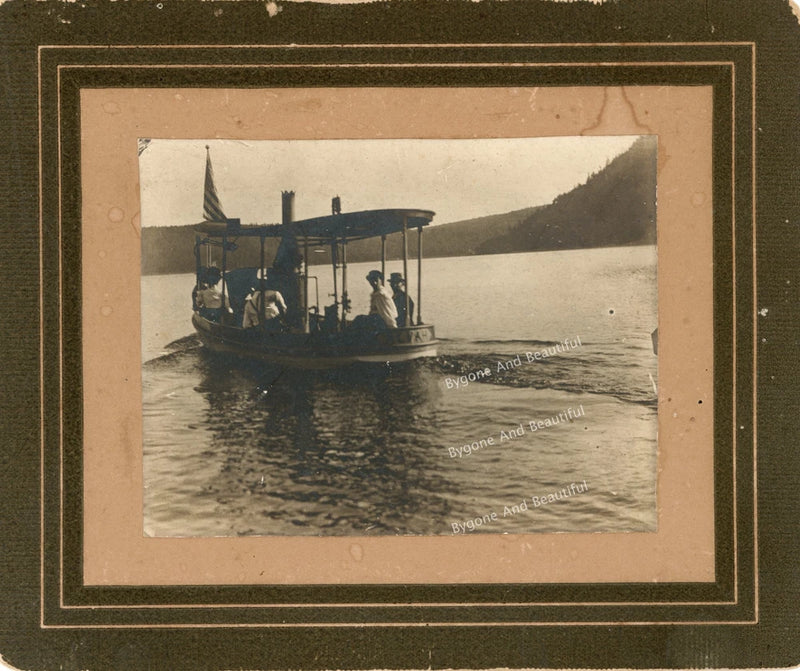 Antique Photo On Board Steamboat On Devils Lake American Flag Model