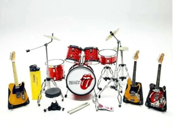 Miniature Drum Set Replica Red Band Rock + 3 Guitars and mic Display Gift 1/12 Model