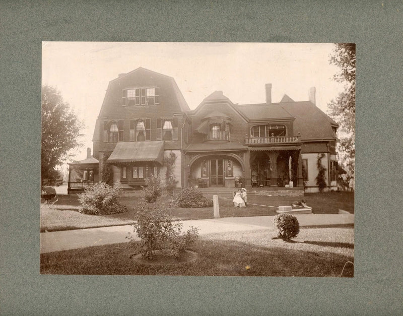 Antique Photo Victorian Mansion On Board Mother Child Dog in Yard Large Model