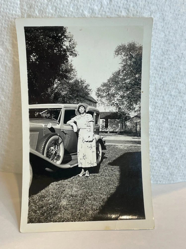 Antique Photo Woman Near Running Board Of An Antique Car Wearing Floral Dress Model