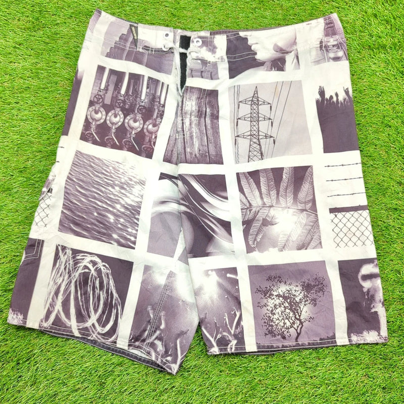 Men's Photo Collage Print Board Shorts W34 White Black Surf Swim Model