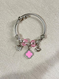 Trendy Silver Tone Charm Bracelet Pink Crystal Beads Clover Butterfly Bangle Charms
