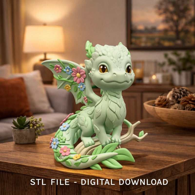 Floral Forest Dragon STL File 3D Printable Cute Fantasy Dragon Model