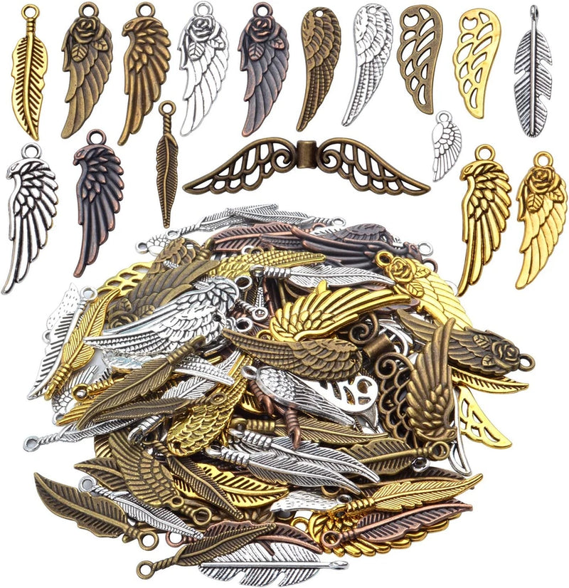 100 Pieces Mixed Colors Alloy Angel Feather Wings Charms Pendants Jewelry Findin Charms
