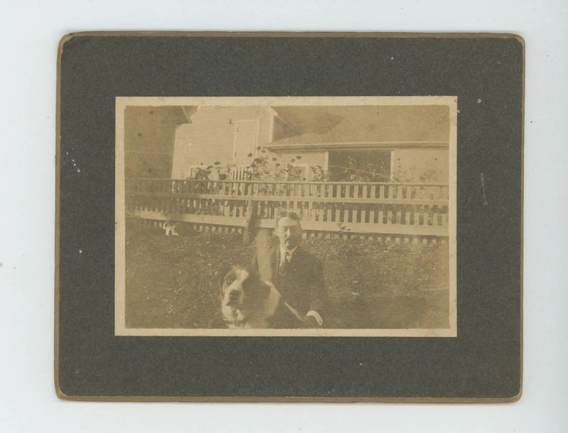Vintage Antique Photo On Board Dapper Gentle Man Sits Garden With Pet Dog 1880s Model